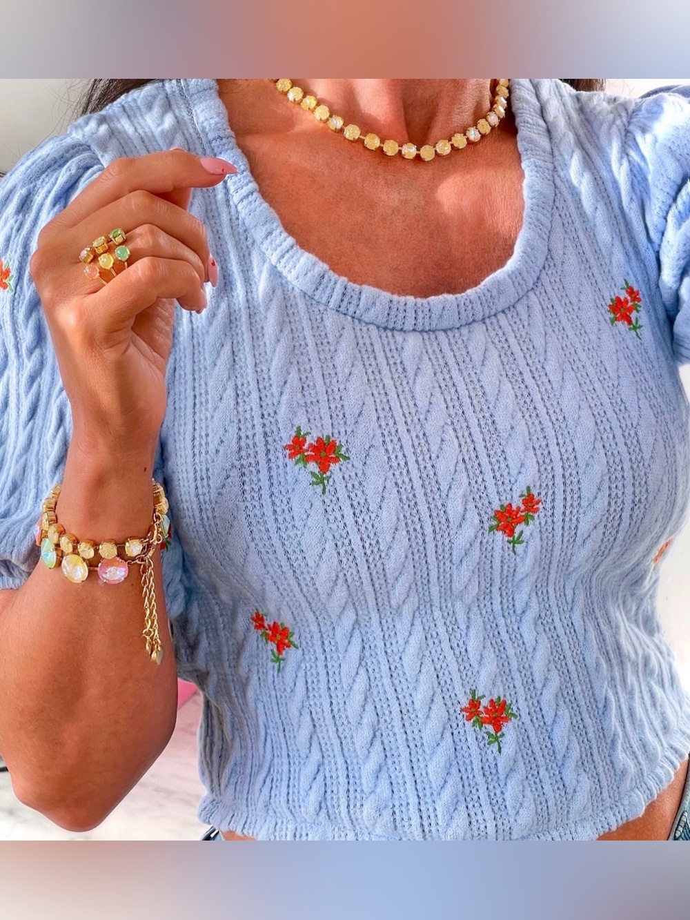 Zara Light Blue Scoop Neck Cable-Knit Sweater with Red Floral Embroidery Large